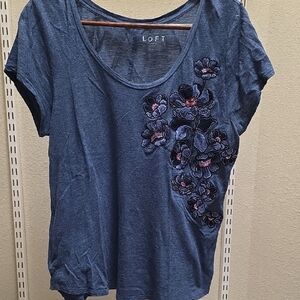 LOFT Navy Blue Scoop Neck Tee with Embroidered Floral Accent